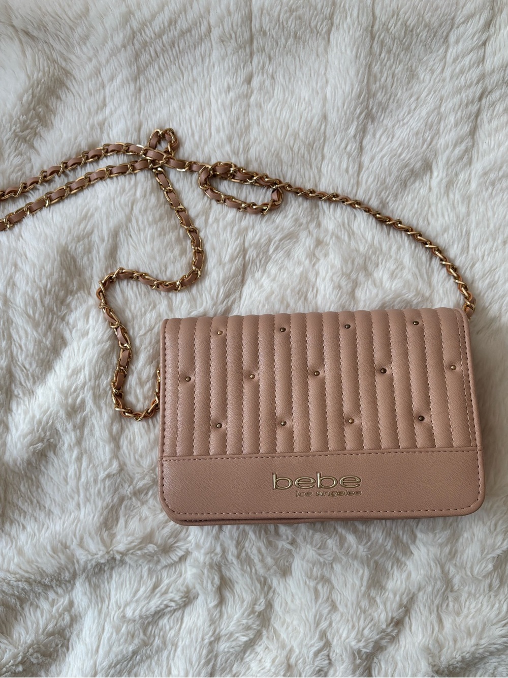bebe Aliah Flap Crossbody Bag with Gold Chain in Nude Blush